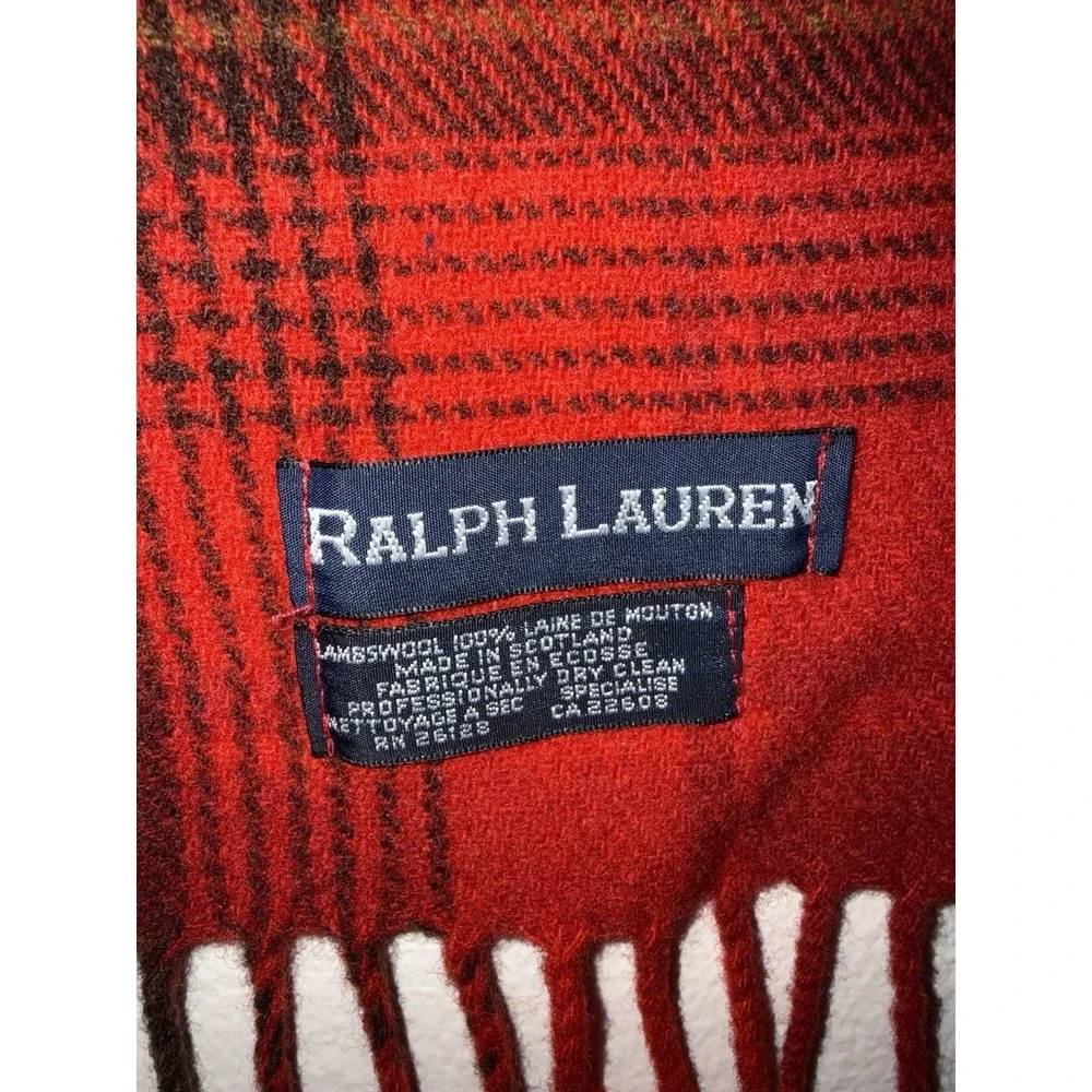 Vintage‎ Ralph Lauren Red Plaid Lambs Wool Scarf MADE IN SCOTLAND
